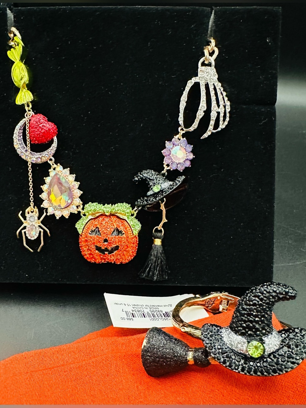 Betsey Johnson Halloween Charm Rhinestone Necklace & Matching Bracelet